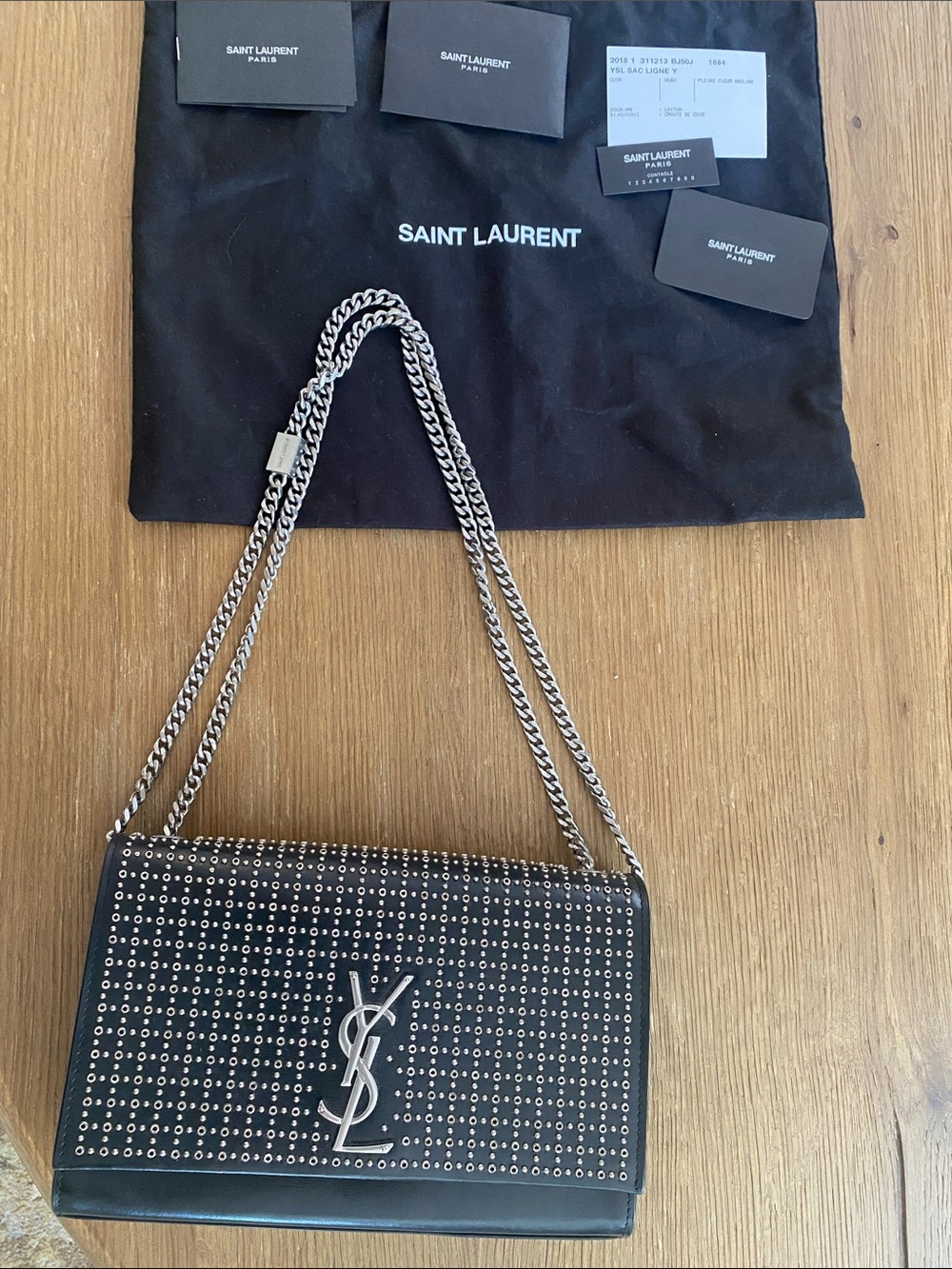 Saint Laurent Black Leather Studded Shoulder Bag with Silver Chain w/tags + bag